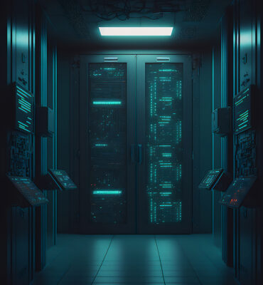 cyber datenserver racks mit big data rechenzentrum blaues interieur mit speicherhardware